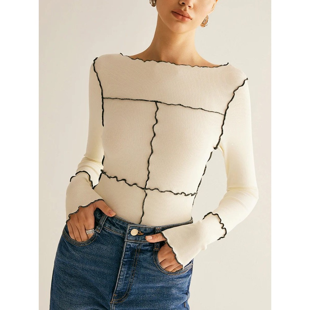 Commense Deep Burgundy Ribbed Lettuce Hem Seam Detail Long Sleeve Top Small - Picture 11 of 13